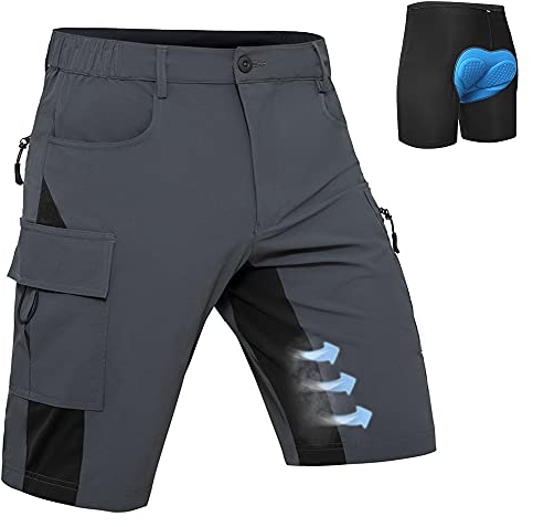 Hiauspor MTB Hose Herren Kurz Mountainbike Hose mit 4D Sitzpolster Amungsaktiv Fahrradhose Schnelltrocknend Radlerhose Bike Shorts mit 5 Taschen (Klassisches Grau, 3XL)