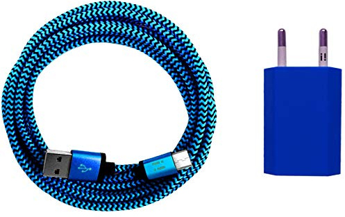 i! - 1A USB Netzteil + 2m Premium Nylon USB-C Schnellladekabel Datenkabel Ladegerät Set für Handy Tablet Smartphone - blau