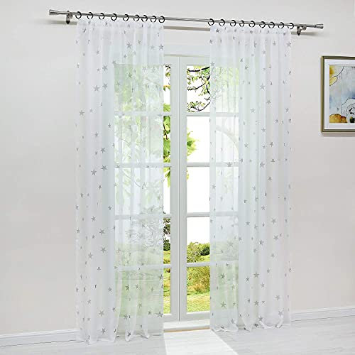 HeichkelL Vorhang Voile Sterne Druck Transparent Gardine mit Kräuselband 1 Stück Dekoschal Fensterstore für Kinderzimmer Wohnzimmer BxH 140x225cm Weiß-Grau