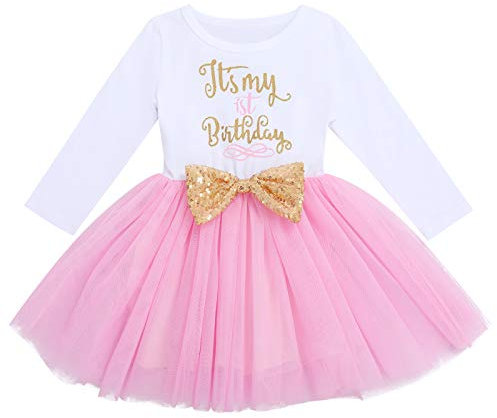 FYMNSI Vestito da bambina 1° / 2° / 3° compleanno, in cotone, a maniche lunghe, in tulle, da principessa, per feste, Rosa - Es ist Mein 1° Geburtstag, 12 mesi