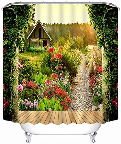 YUAOEUR Pastoral Garden Curtain 3D Shower Curtain Stone Path Flower Garden Scenery with Sunset and Trees Plants Scenery Bathroom Decoration Curtains with Hook 71X 71 inch Green Orange Brown
