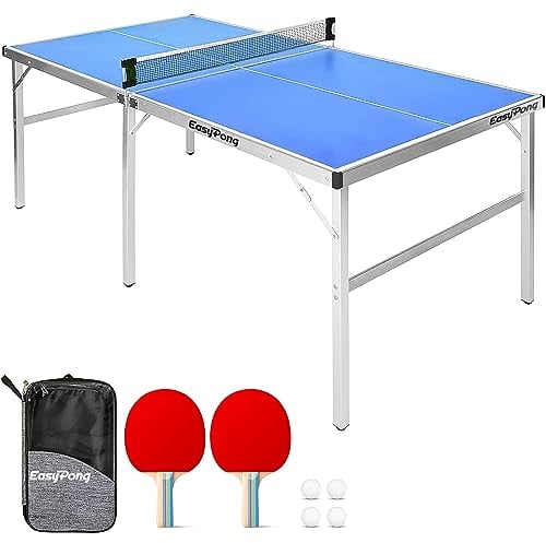 EasyPong | Ping Pong Tisch Blauw | 182x91cm | Premium Qualität | Leicht zu transportieren | Stabil | Ideal für Outdoor & Indoor | 2 Schläger + 4 Bälle | Tischtennis | 100% Fun | OriginalCup®