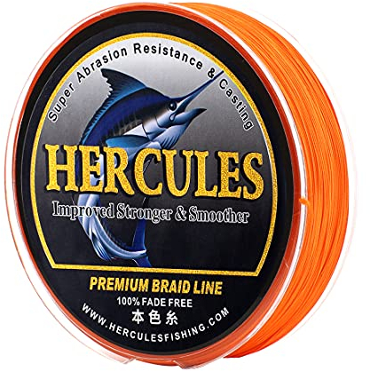 HERCULES Farbechte Geflochtene Angelschnur, 1000m PE Geflochtene Schnüre, 8 Stränge Multifile Angelschnur, 10lb Test für Salzwasser und Süßwasser, Orange, 10lb, 1000m