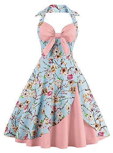 IWEMEK Femmes Vintage Retro Robe Trapèze Rockabilly à Fleurs Années 1950 50 60 Audrey Hepburn Style Dos Nu Encolure Coeur Robe de Cocktail Soirée Fête L'été Casual Habillée Robes Rose Fleur S