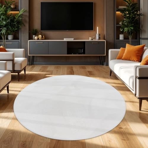 TT Home Wohnzimmer Teppich Hochflor Langflor Kunstfell Weich Modern Unifarben Flauschig, Farbe:Weiß, Größe:200 cm Rund
