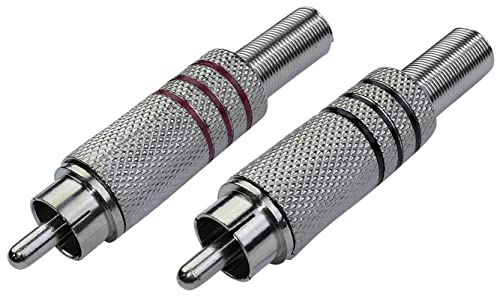 AERZETIX – C53625 - Lot de 2 fiches/connecteurs droits RCA mâles 1 rouge et 1 noir avec protège-câble - longueur 51 mm - à souder - couleur argent/nikelé