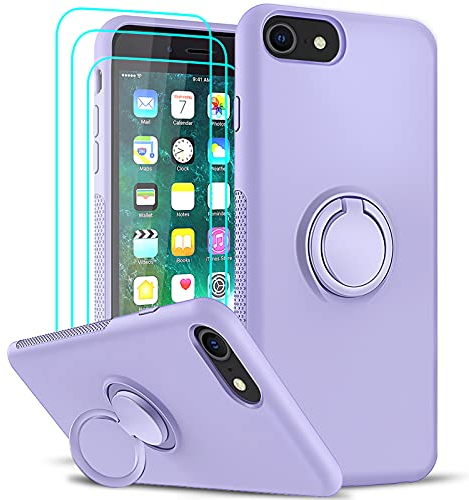 LeYi Cover per iPhone Se 2020/2022 in silicone liquido, cover iPhone 8/7/6 con 3 vetro temperato, tocco setoso, protezione completa fine anti-graffio, anello di supporto gentile ragazza, donna viola
