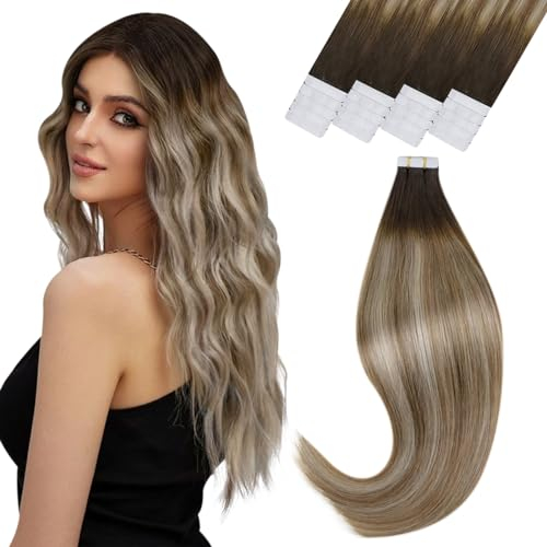 (Guten Valentinstag Geschenk)Extensions Echthaar Tape in Ombre Blond Tape in Exrtensions Haarverlängerung Dunkelbraun Balayage Hellbraun Blond Tape in Extensions Echthaar #3/8/22 30cm 30g/20Pcs