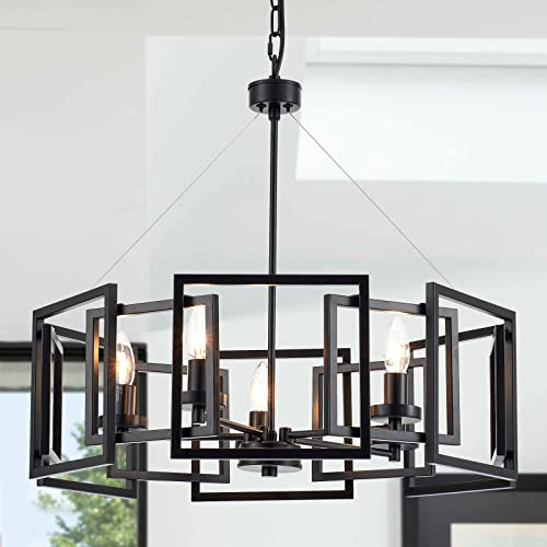 MhyTogn Kronleuchter im Industrie-Stil, mit Matt Schwarz Finish Geometrischer Schirm Pendelleuchte für Esszimmer Wohnzimmer Kücheninsel Schlafzimmer 5-Licht