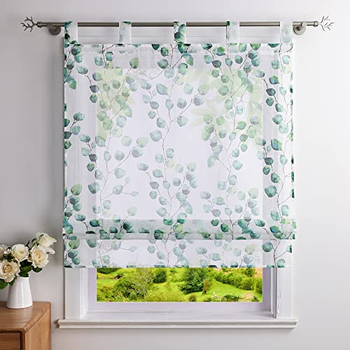 Heichkell Leinen-Optik Raffrollo Halbtransparent Gardine Vorhang mit Blätter Druck Raffgardine mit Schlaufen Grün BxH 100x140cm