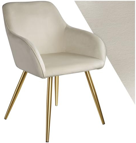 TecTake® Dining Chair in Velvet Look with Gold Steel Legs, Stable & Thickly Padded Armchair, Ergonomic Design & Easy Assembly - Ideal as Dining, Living Room, Bedroom & Office Chair - Cream/Gold