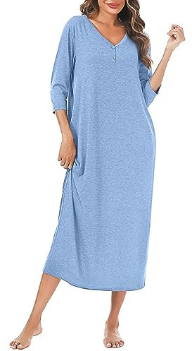 Leversic Women's Long Nightdress 3/4 Sleeve Cotton Long Nightgown Button V Neck Soft Nighties Loose Fit Women’s Dressing Gown With Pockets(Baby Blue,XXL)