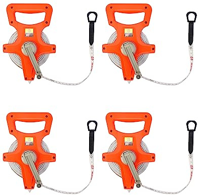 QWORK Open Reel Dual Sided Fiberglass Tape Measure, 4 Pack 1/2'' x 100' Measures for Engineer, Orange (WD30302)