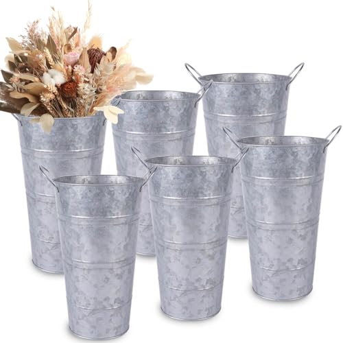 vensovo 6-Piece 30.4 CM Galvanized Metal Vases with Handles - Silver, Indoor/Outdoor, Rustic Metal Bucket Planters for Flowers, Wedding Decor