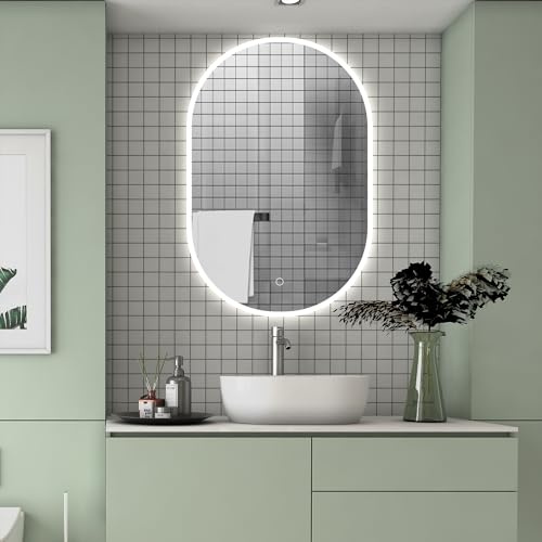 Badspiegel 75×45cm Rundbahn 3 Lichfarbe dimmbar Memory Wand/Touchschalter Anti-Beschlag Badezimmerspiegel mit LED Beleuchtung Spiegel Warm/Neutral/Kaltweiß Energiesparend Lichtspiegel IP44