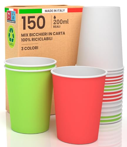 150 Bicchieri in Carta 200ml ItaliaMix Ecologici Biodegradabili Monouso Made in Italy Asporto Bevande Calde Acqua - MIX di Colori Verde Bianco Rosso - Prodotto e Confezionato in Italia