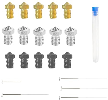 CLKE 15 Stück 3D Drucker Düse Set, Nozzle 0.4, 5 Pcs Messing, 5 Pcs Edelstahl, 5Pcs Hartstahl Nozzle Set, mit Nozzle Reinigungsset, Drucker Teile für 1,75mm Filament 3D Drucker, Kurzer Stil
