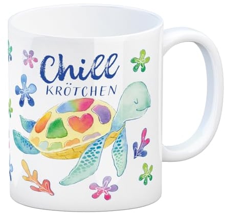 Schildkröte Kaffeebecher mit Spruch Chillkrötchen eine bunte Tasse für die Arbeit Chillkrötchen Teenager Turtle Kaffeetasse Becher Regenbogen Unterwasser Motiv glücklich Küchen