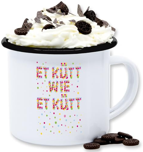 Emaille Tasse Blechtasse - Karneval & Fasching Tassen - Et kütt wie et kütt - Konfetti Köln Kölsch Grundgesetz Echte Kölner - 300 ml - Weiß Schwarz - fasching- kölsche carnevale kölsches
