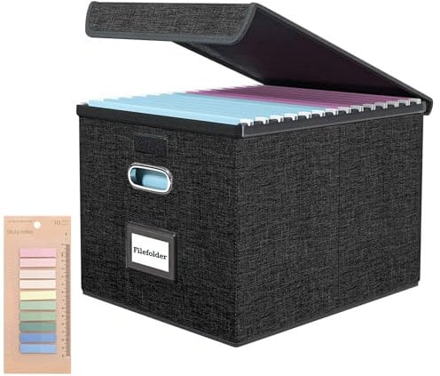 Upgraded Portable File Organiser Box with Lid, Large Capacity Multifunctional Foldable Fabric Hanging Filing Storage Box with Plastic Slide, Home/Office Filing System for File & Folders Storage-Black