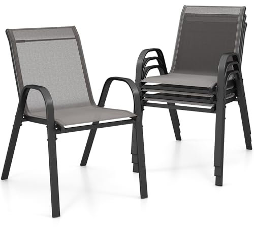 GYMAX Set di 2/4 Sedie da Giardino Impilabili con Tessuto Resistente alle Intemperie, Poltroncine da Esterno in Metallo per Giardino, Cortile, Portata 150 kg, 56 x 70 x 84 cm (Grigio, 4 Pezzi)