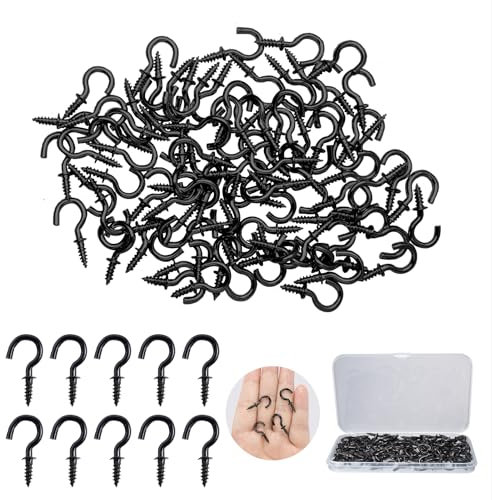 ZFKXGS 80 Stück Kleine Schraubhaken Schwarz 1/2 Zoll Hakenschrauben Set Mini Deckenhaken Einschraubhaken Becherhaken für Holz Hängende Garten Pflanzen Kunst Weihnachts Dekorationen Schlüssel, mit Box