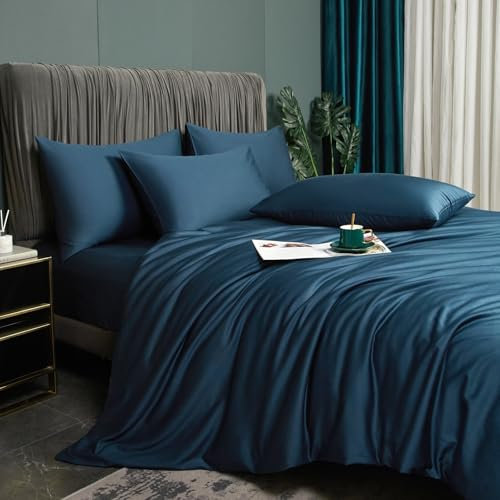 Luofanfei Bambus Bettwäsche 155x220 cm Petrol Blau Sommer Kühlende Uni Bambusfasern Lyocell Glänzend Bettwäsche Set Atmungsaktiv Bamboo Luxus Muster Bettbezug Einzelbett und Kissenbezüge 80x80 cm