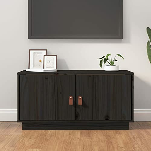 Sufrk Meuble TV noir 80 x 34 x 40 cm en bois massif de pin, meuble TV pour TV, meuble TV et tiroir, armoire console buffet moderne