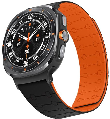 ZZDZZ Sport Armband Kompatibel mit Samsung Galaxy Watch Ultra Armband 47mm Damen Herren, Silikon Magnetische Ersatzarmband für Samsung Galaxy Watch 7 Ultra (Schwarz/Orange)