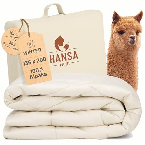 HANSA-FARM | Baby Alpaka Bio-Bettdecke 135 x 200 cm (Füllung 1.900g) - Winter extra warm - atmungsaktiv und temperaturausgleichend - Große Aufbewahrungstasche