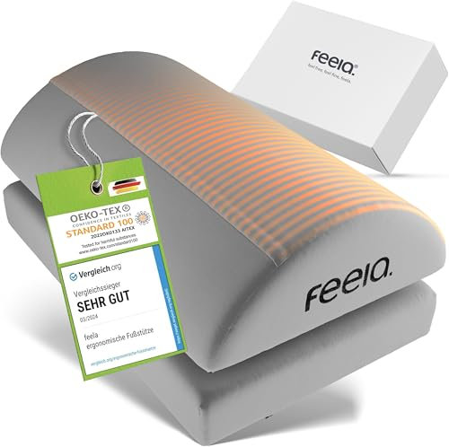 feela.® Fußstütze Schreibtisch [VERGLEICHSSIEGER] – Ergonomische Fußhocker mit Premium-Schaumkern & integriertem Wärmekissen – Rutschfester, Höhenverstellbares, Schreibtisch Zubehör (Silber)