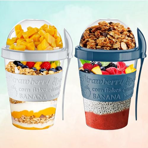 Yogurt Pots Reusable 20 Oz Overnight Oats Container with Lid & Spoon BPA free Breakfast Pots to GO Cereal On the Go Dishwasher Safe Lunch Oatmeal Jars (Set of 2 (Glacier Teal + Ash Grey))