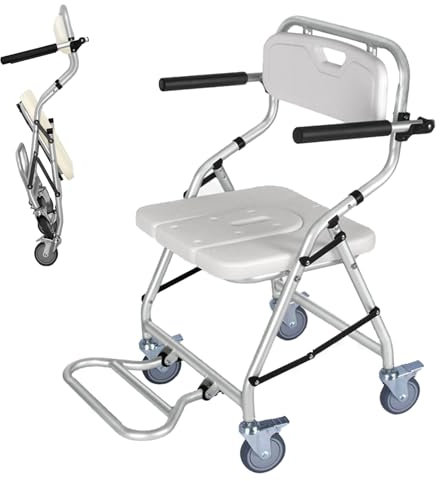 Rolling Shower Chair Commode Toilet Chair Shower Wheelchair 150kg Weight Capacity Shower Transport Chair with Locking Wheels for Disabled, Elderly People