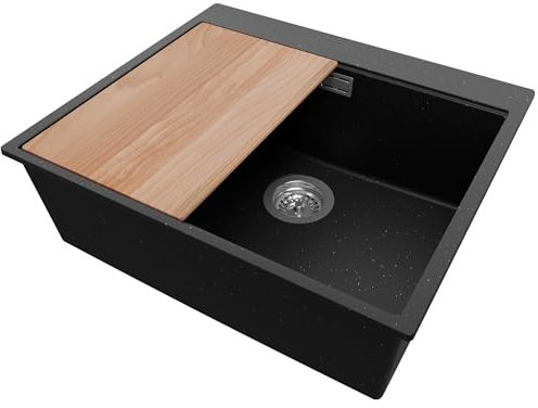 PRIMAGRAN Fregadero Cocina Negro Metallic 58x50cm, Fregadero Granito 1 Seno + Sifón + Tabla de cortar, sobre encimera al mueble 60cm - Oslo