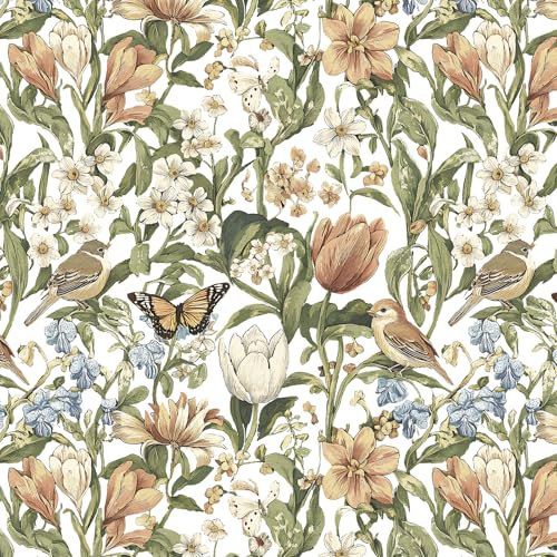 Yomshi Vintage Floral Wallpaper with Tulips & Birds - 44cm x 300cm Self-Adhesive Peel & Stick Wall Paper - Retro Botanical Contact Paper for Walls, Furniture & Kitchen Cabinets Vinyl Film