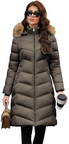 PAPILLON D'OR Damen Langer Puffermantel mit abnehmbarem Kunstfellkragen & Kapuze Winterjacke mit Fleece gefütterten Taschen & Rippbündchen