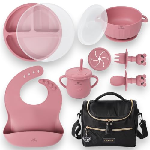 NiryKely Kit Repas Nomade Bébé Complet avec sac isotherme Assiette Ventouse Compartimentée, Bol, Tasse d’Apprentissage, Couverts, Bavoir – Sans BPA dès 6 Mois (Rose)