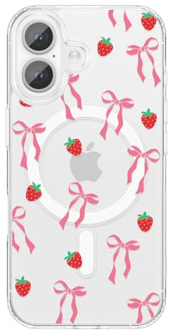 ZTOFERA Coque magnétique pour iPhone 17 (6,3), coque de protection esthétique transparente avec motif nœud mignon en TPU souple résistant aux chocs, fraises