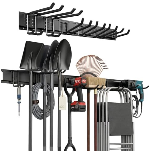 Ribech Ripiano Murale Portautensili da Garage – Guida di 122 cm con 7 Ganci (3 Tipi), Ganci Rivestiti in Gomma, Capacità 227 kg, per Attrezzi da Giardino, Sci, Scope, Pale – Montaggio a Parete