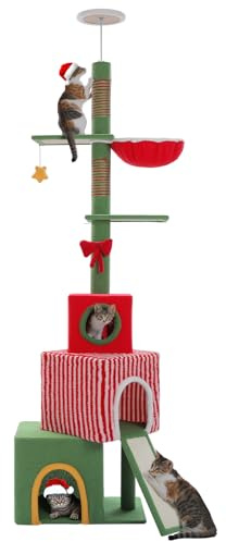 Christmas Cat Tree, Floor to Ceiling Cat Tower Adjustable 83-108.7, with Large Condos and Hammock, Scratching Sisal Posts & Ramp, Red Bow and Star-Shaped Dangling Toys for Indoor Cats
