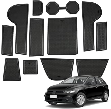 BSTW Auto Antirutschmatten für VW Polo MK6 2017-2025 Originalgetreue Gummi Matte für Mittelkonsole, Getränkehalter & Türmulden | Passend für VW Polo Life Style R-Line (Schwarz)