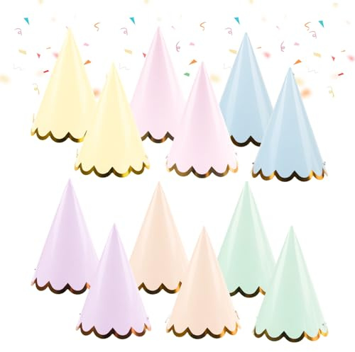12 Pcs Mini Party Hats for Teddys, Pastel Birthday Hats with Gold Trim and Elastic Strap, Small Colourful Hat for Kids Toy Animals Birthday Parties Baby Showers Wedding Celebrations and School Events