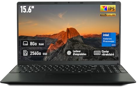 unbholkk Ordinateur Portable 15,6, 8Go RAM 256Go SSD, Processeur Celeron N5095, PC Portable Étudiant FHD IPS avec Clavier rétroéclairé, Empreinte Digitale, USB 3.0, Wi-FI 5, HDMI, BT5.0, Win11, Noir