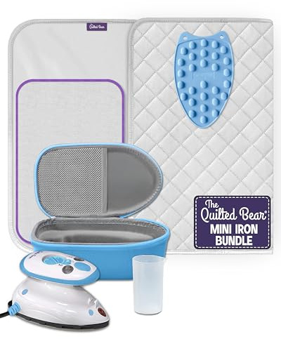 The Quilted Bear Premium Mini Iron and Portable Ironing Mat Bundle, Blue | Small Travel Steam Iron, 400W Dual Voltage, Heat-Resist Ironing Mat, Silicone Iron Rest, Hardshell Case for Holiday, Quilting