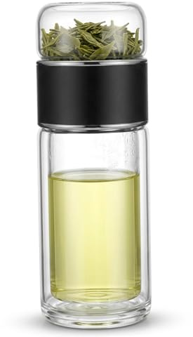 Aetherize Glass Water Bottles, 350ml Insulated Tea Bottle with Stainless Steel Filter & Leak-Proof Lid, Reusable Black Glass Tea Infuser Bottle for Hot & Cold Drinks Water Bottles