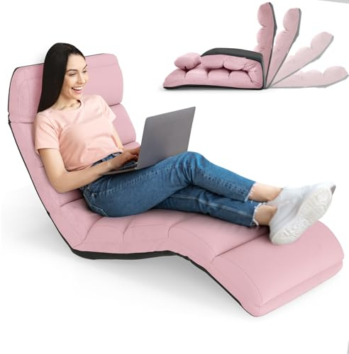 RELAX4LIFE Méridienne en Daim Réglable en 5 Positions 90°-180°et Oreiller, Chauffeuse 1 Place Convertible Rembourrée, Fauteuil Relaxant au Sol pour Bureau, Salon,Chambre, 175x55x20CM(Rose)