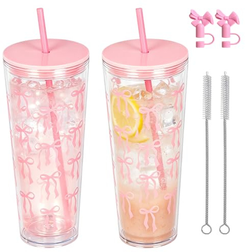 Foreverup 2PCS Clear Plastic Iced Coffee Travel Cups, 700ml Reusable Iced Coffee Cup with Straw and Lid, Bow Tie Cold Cups, Double Wall Plastic Cup for Office, Travel, Camping, Beach, Outdoor, Pink