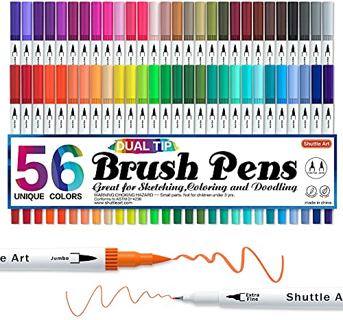 Shuttle Art Dual Brush Pen Set, doppelköpfige Pinselstifte mit weicher Spitze, 56 bunte Aquarellstifte mit zwei Arten von Schreibfedern: Fasermaler (1-2mm) und Fineliner(0,4mm)