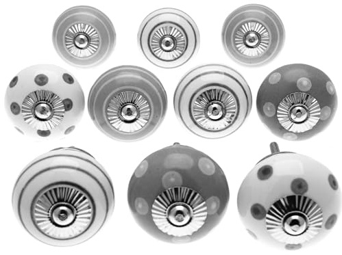 Mango Tree Cupboard Knobs - Decorative Whisper Grey and White with Dots, Spots and Stripes Ceramic Door and Drawer Handles – Vintage Home Décor Set of 10