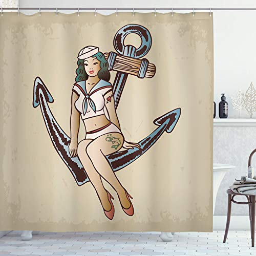 ABAKUHAUS Anker Duschvorhang, Seemann-Mädchen-Motiv, Stoffliches Gewebe Badezimmerdekorationsset mit Haken, 175 x 180 cm, Dunkel Rust Blau